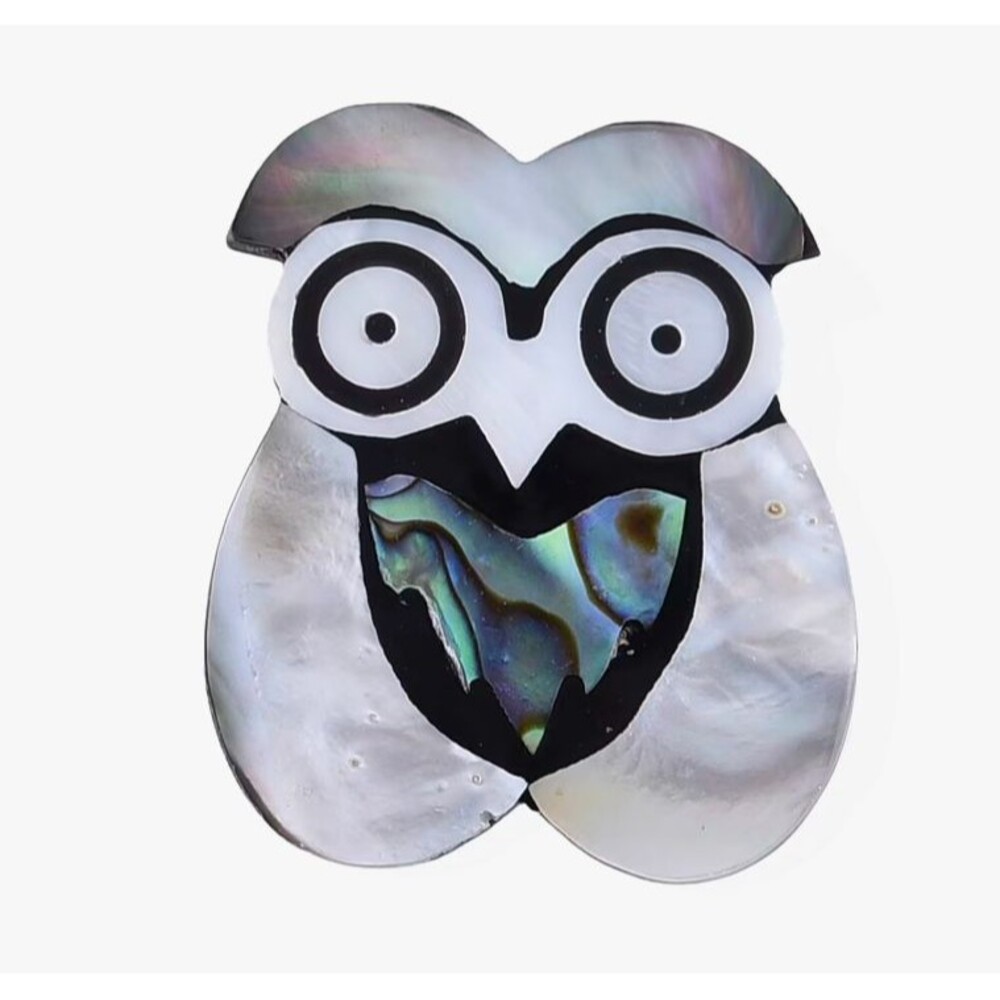 Mother of Pearl and Abalone Shell Owl Brooch in Silvertone